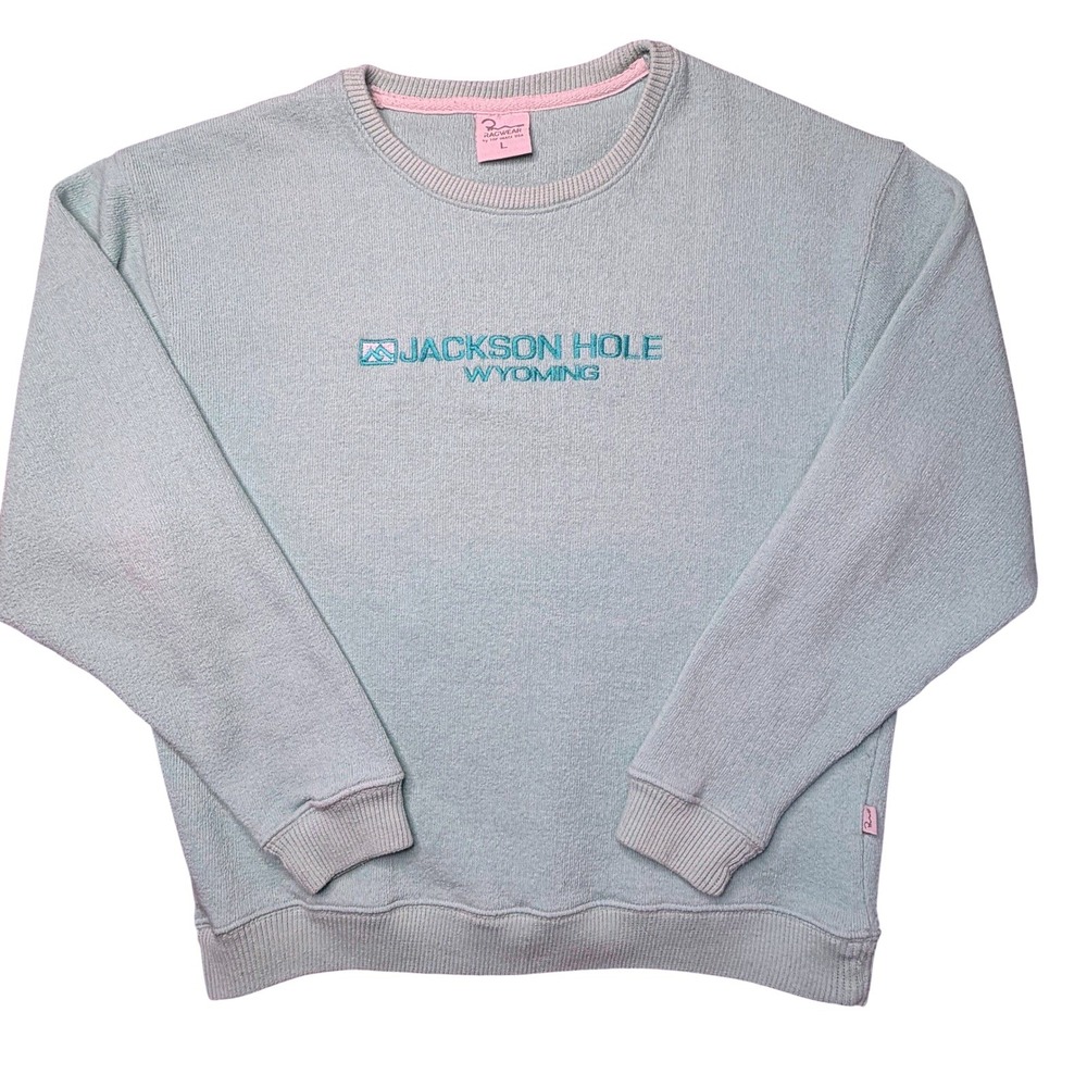 Vtg 90s Ragwear Jackson Hole Wyoming Embroidered Sweatshirt Mint Green Large Ski